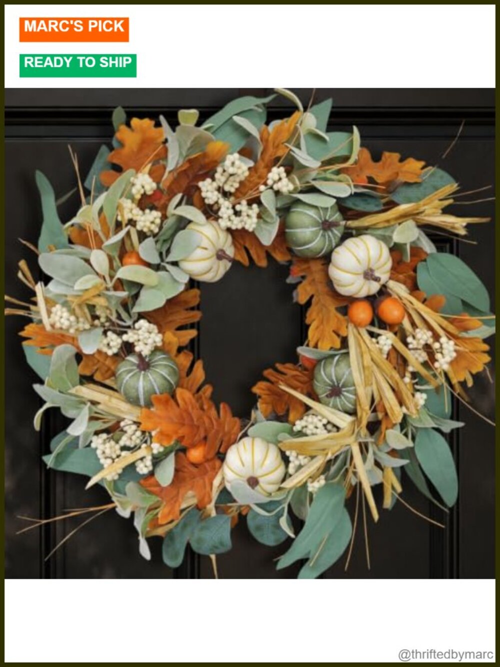 Artificial Fall Wreath 24 Inch Pumpkin Front Door Farmhouse Decor